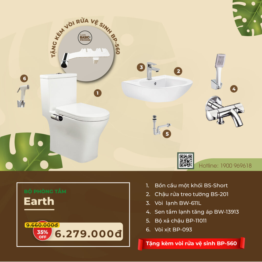 Bộ phòng tắm Earth - Tặng kèm vòi rửa vệ sinh BP-560